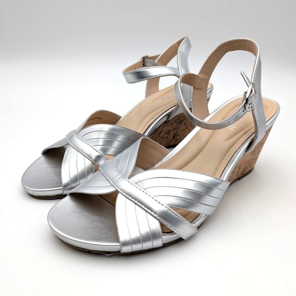 Reaction Kenneth Cole Gomi Wedge Heel Sandals Women's Silver Size US8.5M EU39.5